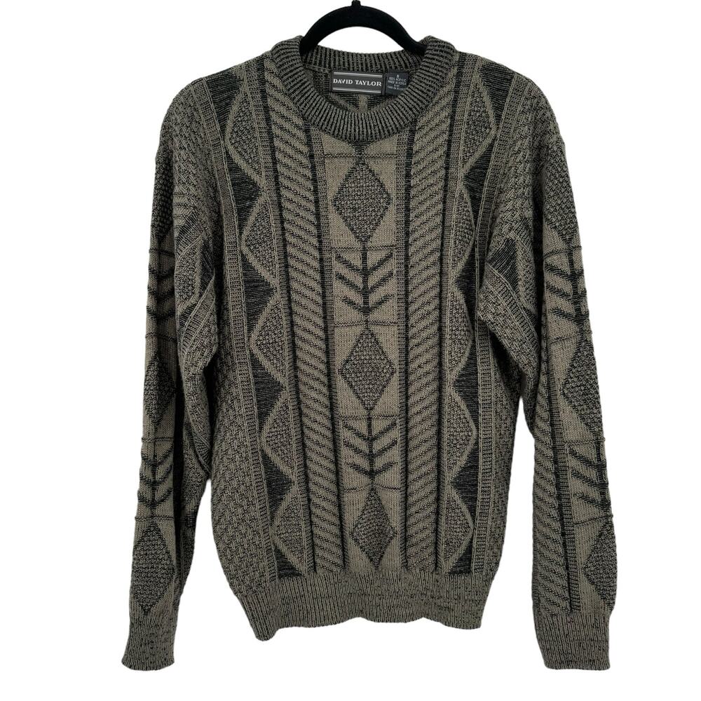 Vintage David Taylor Knit Sweater S Crew Neckline Retro Grandpa‎ Dad Beige Black